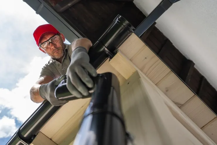 man-cleaning-gutters-residential-roof-sunny-day