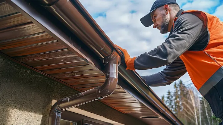 portrait-worker-attaching-aluminum-rain-gutter-house-with-big-space-text-product
